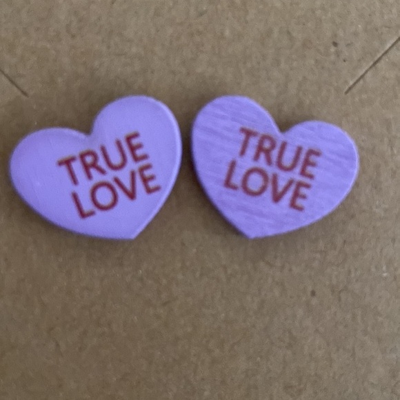 Valentine's Day Pink Confetti Wood Conversation Heart Earrings 1 Set Hand Made - Picture 5 of 8